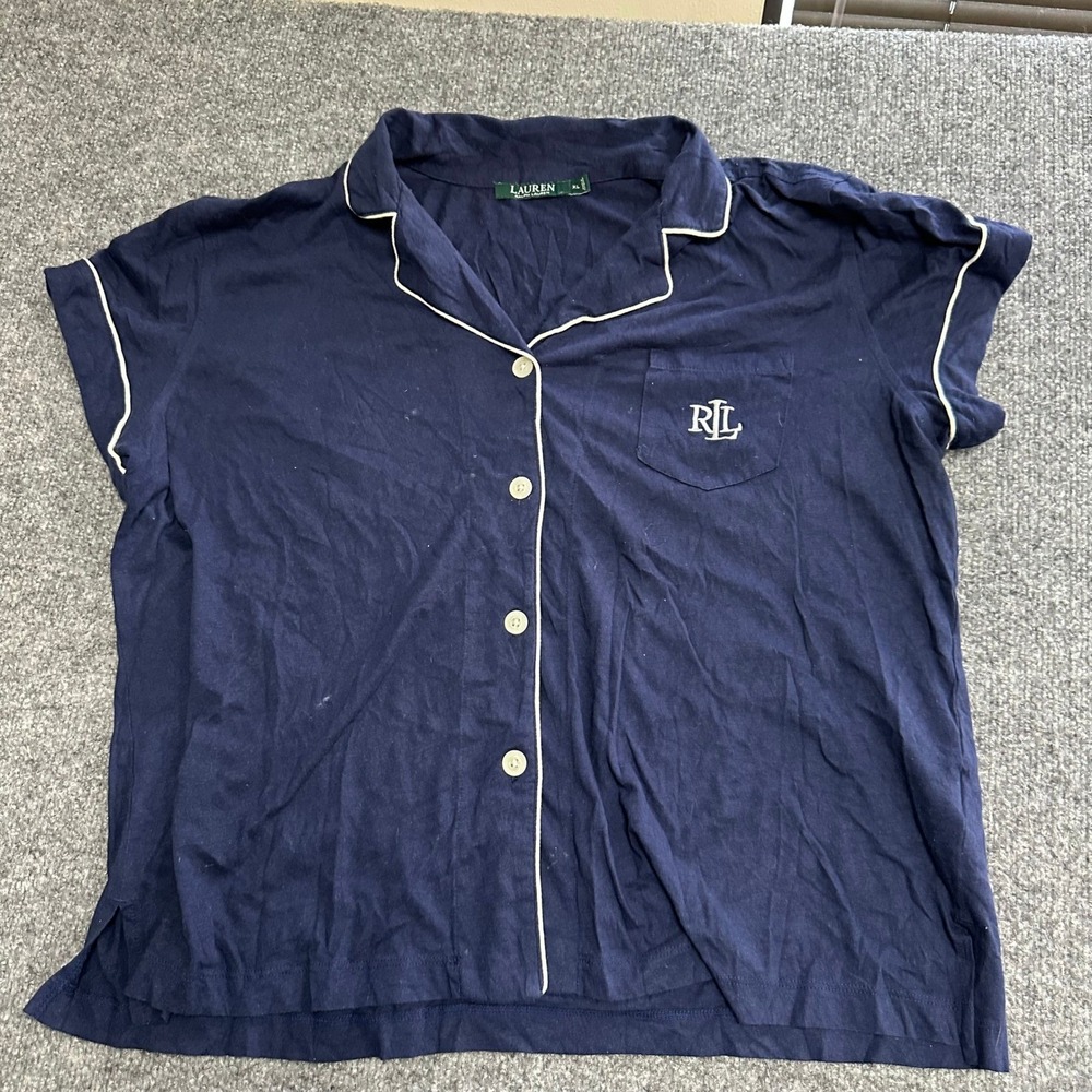 Lauren Ralph Lauren Pajama Top Womens Size XL Navy Blue Button Down Sleep Shirt